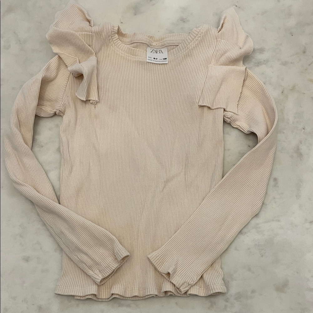 Zara Cream Ribbed Top with Ruffle Detail